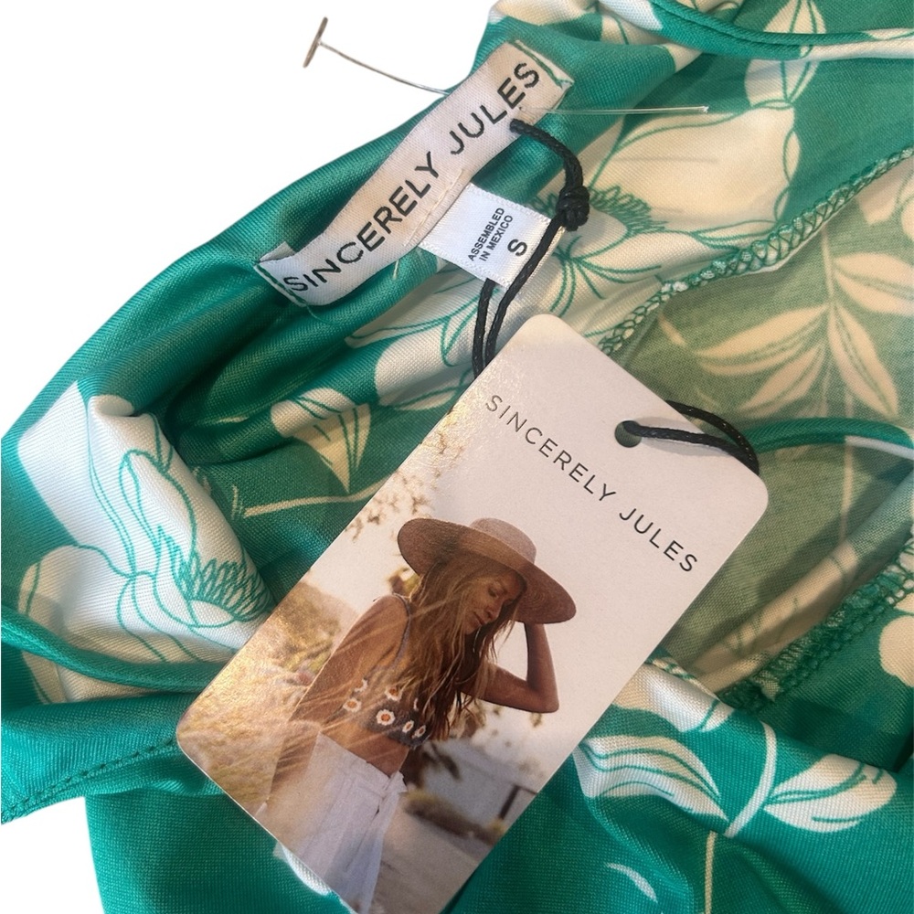 NWT Sincerely Jules Hawaiian Floral Green Cowl Neck MIDI Dress Tropical Green - Picture 3 of 4